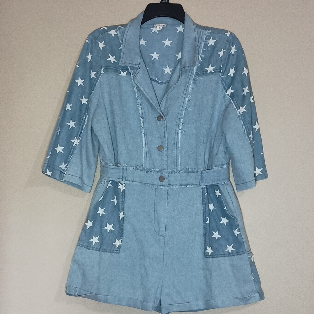 POL Blue Denim and Star Chambray Romper